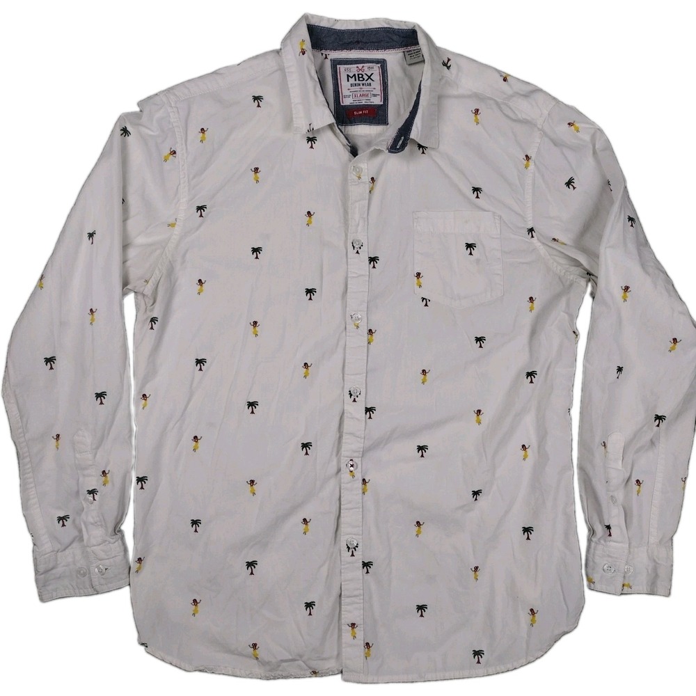 MBX Denim Wear Men's Button Up Shirt Tropical Hawaiian XL Slim Fit Hula Girls